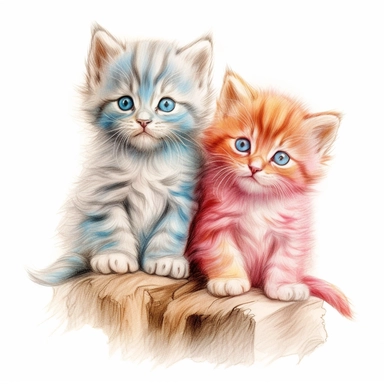 3 fuzzy kittens color pencil sketch on a white background for clipart