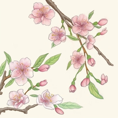 sakura drawing clipart art free, in the style of intricate, delicate flower and garden paintings, light magenta and emerald, miniature and small-scale paintings, precisionist art, whimsical watercolors, decorative relief, light pink and light brown
