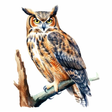 great horned owl, detailed watercolor illustration, clipart, plain isolated white background, 8k ultra detail high sharpness