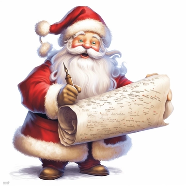 clipart with white background, a cute santa claus reading a long scroll, clearly defined separate image, high quality--ar3:4-no mockups, watermarks, numbers, writing, letters--q2--v5.1--s1000