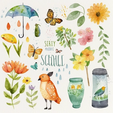 Please create a series of watercolor clipart illustrations featuring different items related to spring. Each illustration should be drawn in a charming and playful style that captures the beauty and vibrancy of the season. Items to include can be flowers, butterflies, birds, bees, rain boots, and umbrellas. Please use a coherent color palette that is bright and cheerful, but also soothing and calming. Colors that are associated with spring, such as greens, blues, pinks, and yellows, should be us