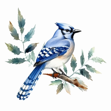 Minimalistic foliage clipart, blue jay,single design, watercolor, vector