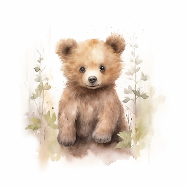little,baby brown bear,neutral nursery art,cute bear, Baby attire,intricate,disney, baby light green,baby light blue, baby light ocher,hairy, cotton, beautiful trees,enchanted Forest,realism, watercolor painting, enchanted Forest, solid background, white background, vintage outfit, oil painting, photobashing, tattoo design,clipart--s500--v 5