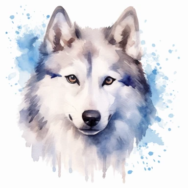 watercolor husky with blue eyes, all white husky, cute, adorable, cute, clipart