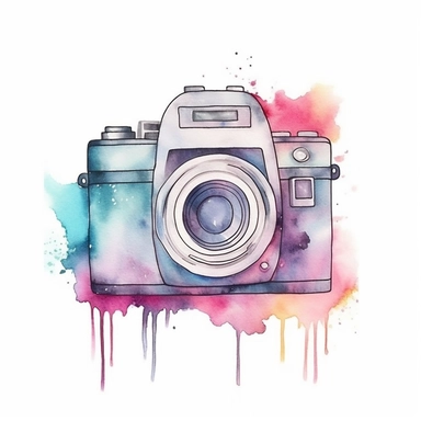 Watercolor polaroid camera, wedding clipart, simple, soft colors, cartoon elements, watercolor boho style, white transparent