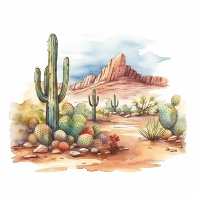 watercolor style, mexican desert with cacti, clipart, isolated on white background, 4K