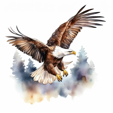 Cute Beautiful Eagle Flying square Background Watercolor Clipart,Cartoon, hyper realistic, intricate detail, illustration style,high solution,on the white background
