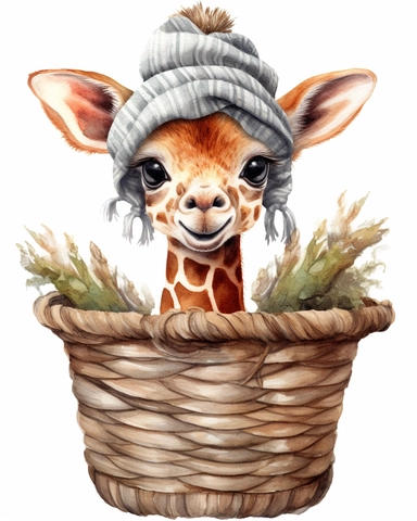 detailed watercolor Baby Giraffe on a basket with cap , hyper realistic, isolated on a white background, clipart