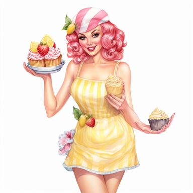 Hand drawn pin up woman, wearing a yellow bakers hat, pink and white striped apron, holding lemonade cake with lemons, with strawberries and blossoms, glamorous, half body, very detailed and realistic, watercolor, white background with margins, clipart style
