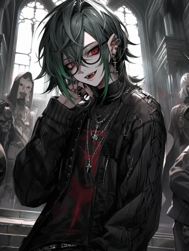 anime boy, messy dark green hair, red eyes, sharp teeth, choker necklace, grey black striped sweater, black pants, hair clip, goth, punk, red, gothic, lip ring, round glasses, pointed ears, vampire, gothic background, church, black jacket, full body, man, male, tattoos, muscular