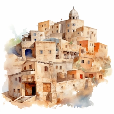 watercolor mardin town in turkiye, illustrations clipart set, simple, , cartoon elements ,different variants , historic stone houses,historic buildings, cobblestone lanes, tone facades of the buildings, Mardin's stone Alleyways separate elements with a margin