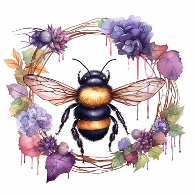 big fat bumble bee on a grapevine wreath, closeup, detailed, maximalist, free brushstrokes, magical, watercolour illustration. colourful, white background isolated. aquarellist, fantasy, cute, clipart, cottagecore,