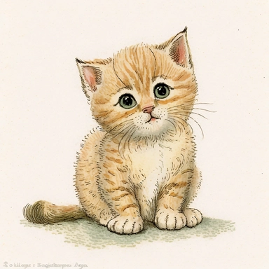 A cute smiling kitten clipart, smiling kitten, happy facial expression, on all fours, 1960, in the style of realistic watercolors, childlike innocence and charm, adorable eyes, rosy cheeks, shy posture, feminine sensibilities, realistic drawing in storybook illustration, pencil drawing by Angela Barrett, Elsa Beskow 300 DPI, valentines day themed, white background