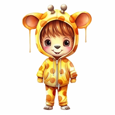cute kid wearing Giraffe costumes and with happy face,front facing on isolated background,with happy face and expression,Animal Sublimation Clipart,no splash watercolor,white background, ultra detailed clipart, cut out image, colorful watercolor realistic, cartoon style, ultra HD, sharp and clean art