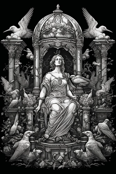 intricate black white clip Art line art with shading of a white marble statue of Batman with Greek columns a garden and scrolls, surrounded by beautiful big chest fit athletic women, gigantic crystals, skulls mysterious dark background, cut and paste style, hd, 48k,