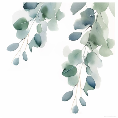 eucalyptus leaves in watercolor on the background, clipart, fall, flat lay, single twig, in the style of light green and silver, suspended/hanging, glossy finish, subtle surface decoration, comfycore, floral accents, danish design, watercolor illustration, aquarrellist, white background