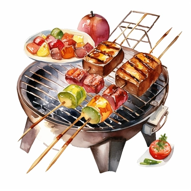 Watercolor BBQ Clipart - Barbeque grill kebab clipart , Watercolor Clipart , original hand drawing, style of the artwork, mood of the artwork, white background, 8K quality, ultra detailed , clipart, white background, High Quality, ultra detailed