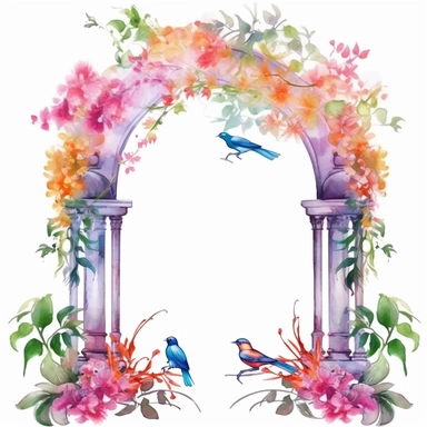 vector clipart, isolated on white background, beautiful lovely Watercolor Spring Floral Wedding narrow metal Arches, a lot of orchids, Branches and leaves, clear curtains, heaven birds, ornated, vivid and saturated colors