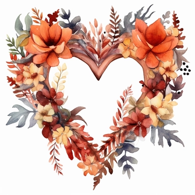 watercolor Fall Wreath iv heart free editable flower png clipart with leaves, berries, pinecones, and other elements that symbolize the autumn season, in the style of angela barrett, happy expressionism, jim dine, positive/negative space, vicente romero r