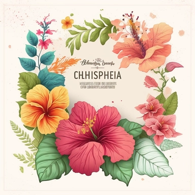 summer Illustrations, hibiscus flower, flower frame ,graphics, Cheerful Colors, Hand-Drawn Art, Botanical Clipart, Watercolor Elements, 8k