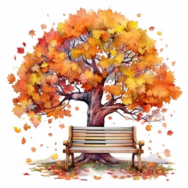 Autumn tree by the bench, in the style of digital airbrushing, pattern - based painting, storybook illustrations, hd, ps1 graphics, soft shading, accurate and detailed, style by Lucy Fleming, watercolor, smooth gradients, black contour outline, ultra detailed, clipart elements, delicate pastel colors, solid white background, super clear, high quality