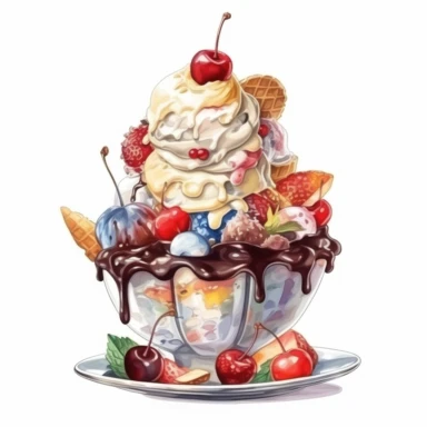 Watercolour of a Ice Cream sundae, Clipart,Cartoon,hyper realistic, intricate detail isolated on a white background, high quality, sublimation, detailed, cartoon style