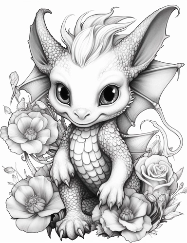 clipart of a cute baby dragon coloring page, flowers and butterflies, in the style of gothic realism, chinapunk, oshare kei, elaborate borders, furry art, tinycore