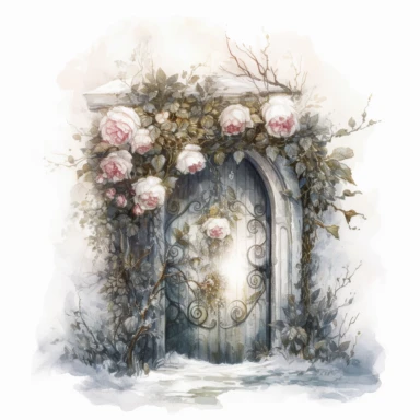 isolated on white illustration watercolor art of a white little door, overgrown with white and light pink roses and flowers, covered with snow and ice, a lot of moss and branches, lace and embroidery, trees, masterpiece by Tomasz Alen Kopera style and by Carl Holsoe style and by James C. Christensen style and by Alexander Jansson style, Baroque Architecture, PNG clipart, isolated on white, white background, extreme photorealistic details, 32k HD resolution, realistic high detailization high reso