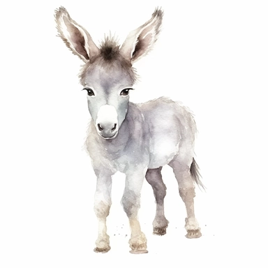 a graceful baby donkey with kind eyes clipart with watercolor illustration,full body shot,8k,etsy style, white background
