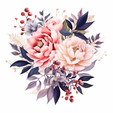 wedding floral clipart, watercolor, pink and golden and navy blue colors, pink and white peonies, isolated on blush pink