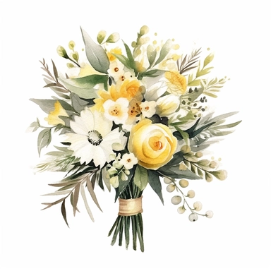 one watercolor wedding bouquet clipart on a white background, in the style of light yellow and white, intricate floral arrangements, white and bronze, intricate embellishments, sterling silver highlights, bold traditional, blurry details , no watermark, text, 300 DPI , typography, shapes do not stick together, no text in the picture, on a white background