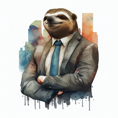 sloth as business man with a satisfied face expression in a business city, expresionist style, watercolor clipart