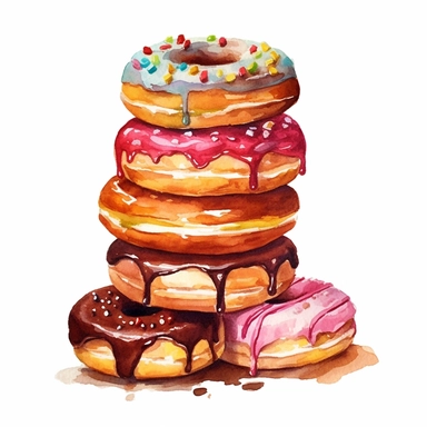 a tempting watercolor painting of a stack of chocolate donuts with different flavors and toppings, showcasing their delicious textures and vibrant colors, 8k, HD, watercolor clipart, With white background for removing, no text on image