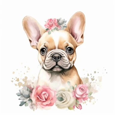 watercolour beautiful neutral white floral cute realistic French bulldog puppy with roses dahlias peonies beautifully detailed cute face perfect facial features and ears four perfect legs and paws beautiful cute realistic French bulldog puppy, png clipart, 300dpi, graphic clipart,computer graphics,high resolution print graphics