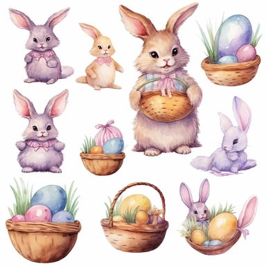 Watercolor easter eggs, illustrations clipart set, simple, soft colors, cartoon elements, different variants, easter elements, jumping bunnies, sitting bunnies ,rabbits, cute little girl, easter eggs in basket, separate elements with a margin