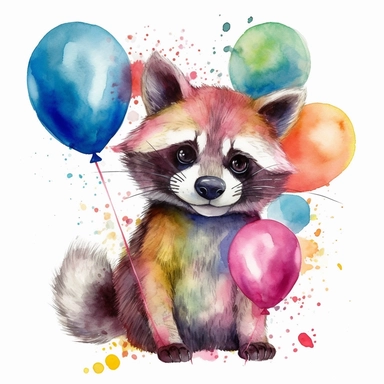 please create watercolor clipart of a raccoon smiling, wearing party BALOONS AND GUM and bubbles, colorful, WHITE BACKGROUND