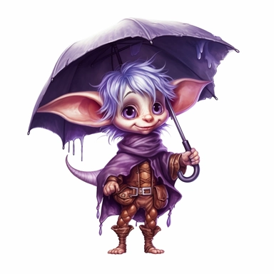 Cute Adorable magical little Elf with big pointed ears holds a umbrella in his hand wears a raincape and stand in the rain on a country road, clipart, photorealistic illustration, watercolor, high detail, 8k polished, 8k, vibrant colors, sticker, majestic, die cut, black and purple color, white background