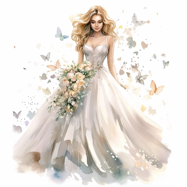 beautiful watercolor fun, happy and cute photorealistic stylish, smiling bride in white wedding dress and tiara beautiful, whole body, decorated in big pastel and light colors flowers in the style of aquarelist, wedding illustrations award winner, wedding clipart, 8k, white background, intricate details illustrations very detailed, uhd exquisite clothing detail, rimel neffati