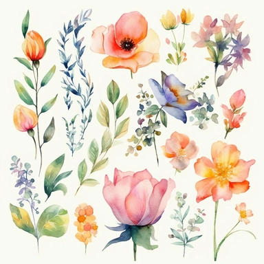 6 watercolor fancy spring clipart, isolated on white background,space out--ar3:2--s1000