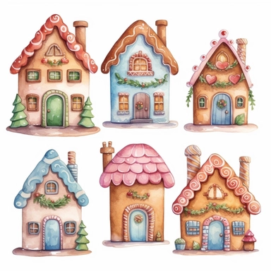 very simple watercolour childrens book style drawing of different cute gingerbread houses, pastel colours soft on white background for clipart, 8k