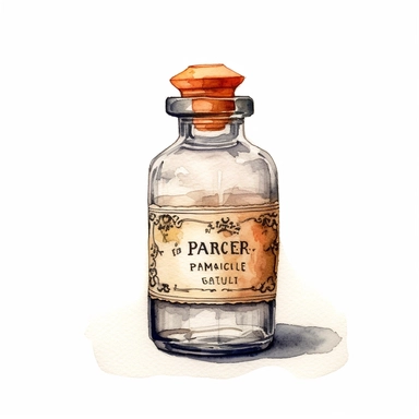 watercolor, hyper realistic, white background, white margins, 16k, ultra detailed clipart, cut out image, hand-drawn old-fashioned prescription bottle, complete with a label displaying handwritten typography and a classic twist-off cap.