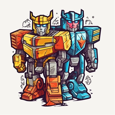 Two Autobots made out of computer chips are riding together, 90s animated tv series style cartoonish lithography clipart sticker style
