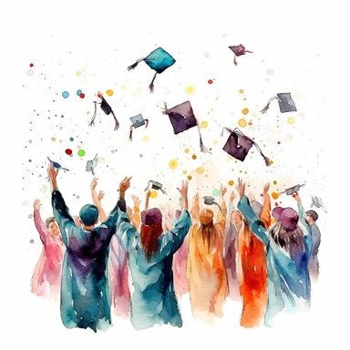 watercolor style, Graduation hat toss: Clipart showing a group of graduates throwing their caps in the air, celebrating the completion of their studies. clipart, isolated on white background, 4K
