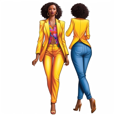 ultra realistic, clipart, hand-drawn, young African American woman is wearing a vibrant and colorful suit jacket, jeans that fits her curvy hips, she has glowing skin. She completes her outfit with a pair of simple and elegant high heels that complement the suit jacket. Her her ultra long, ultra straight silk pressed hair is carefully styled, framing her face and cascading down her back. Her confident and radiant smile adds to her beauty and grace, making her stand out in any crowd.