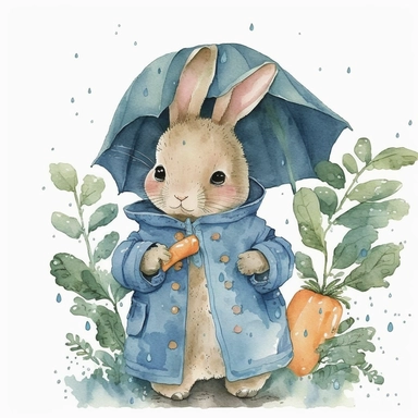 cute watercolor clipart happy baby bunny with small hears and big eyes. wears a blue coat . holds a small carrot in his tinny hands. Illustration inspired in peter rabbit from beatrix potter. the background of the watercolor is white