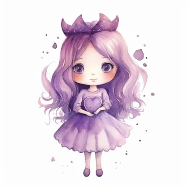 watercolor little princess clipart, purple tone colors, big eyes, smiling, lovely, adorable, holding a lovely heart, full body, on white background