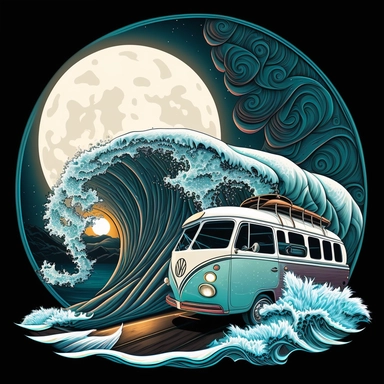 Create a mesmerizing image of a van navigating through a mystical wave, surfboards poised for action, with a magical full moon casting its luminous glow, contrasting beautifully against a white canvas, mystical, illustration style, white background, clipart, PNG pure white background, high resolution, hyper detailed, best quality, high detailed illustration