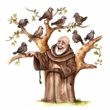 medieval smiling older friar Tuck looking up at happy birds in a tree watercolor clipart no fonts, no words, no letters