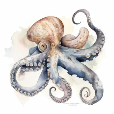octopus, watercolor, clipart, centered, isolated on white background, Susan Harrison no wards , no caption