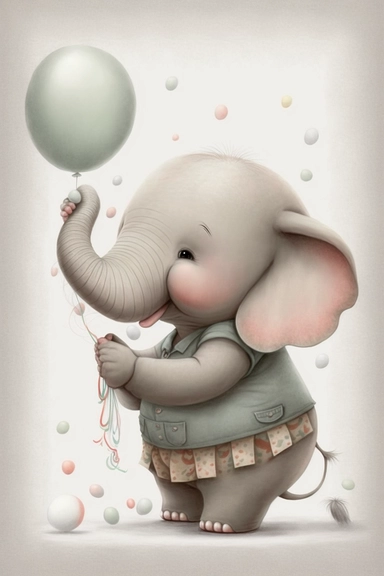 a happy baby elephant, the illustration should capture the hearts and imagination of a child and parents alike, Atmosphere: playful, clipart, hd, pastel colors, white background with margins, style of nicoletta Ceccoli,